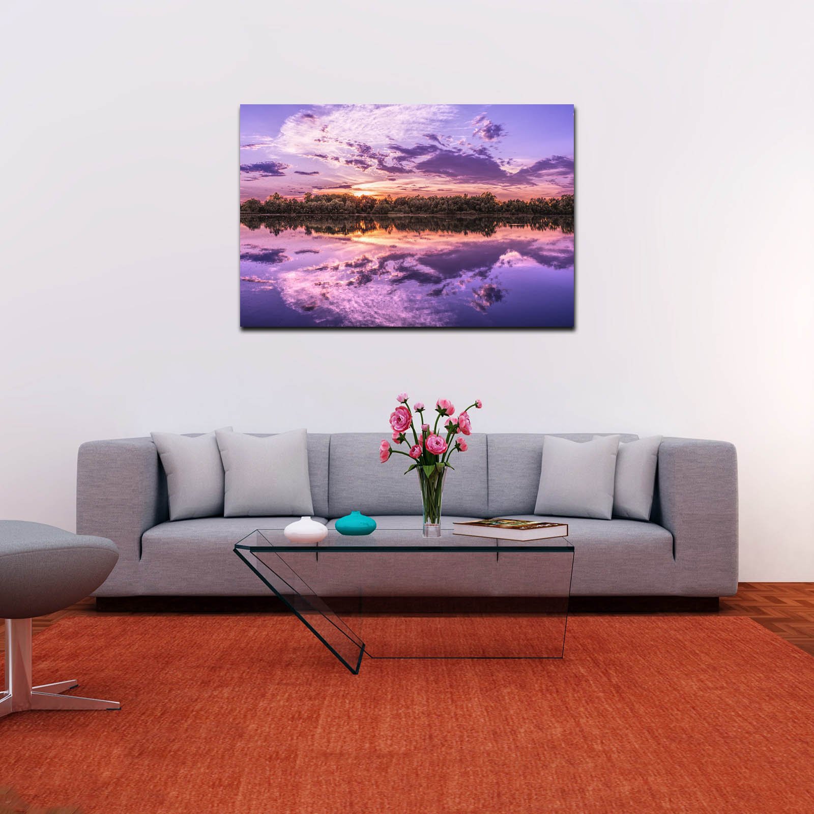 Cuadro Decorativo Canvas Paisaje de un Lago al Atardecer en Colores Lila - Imagen 3