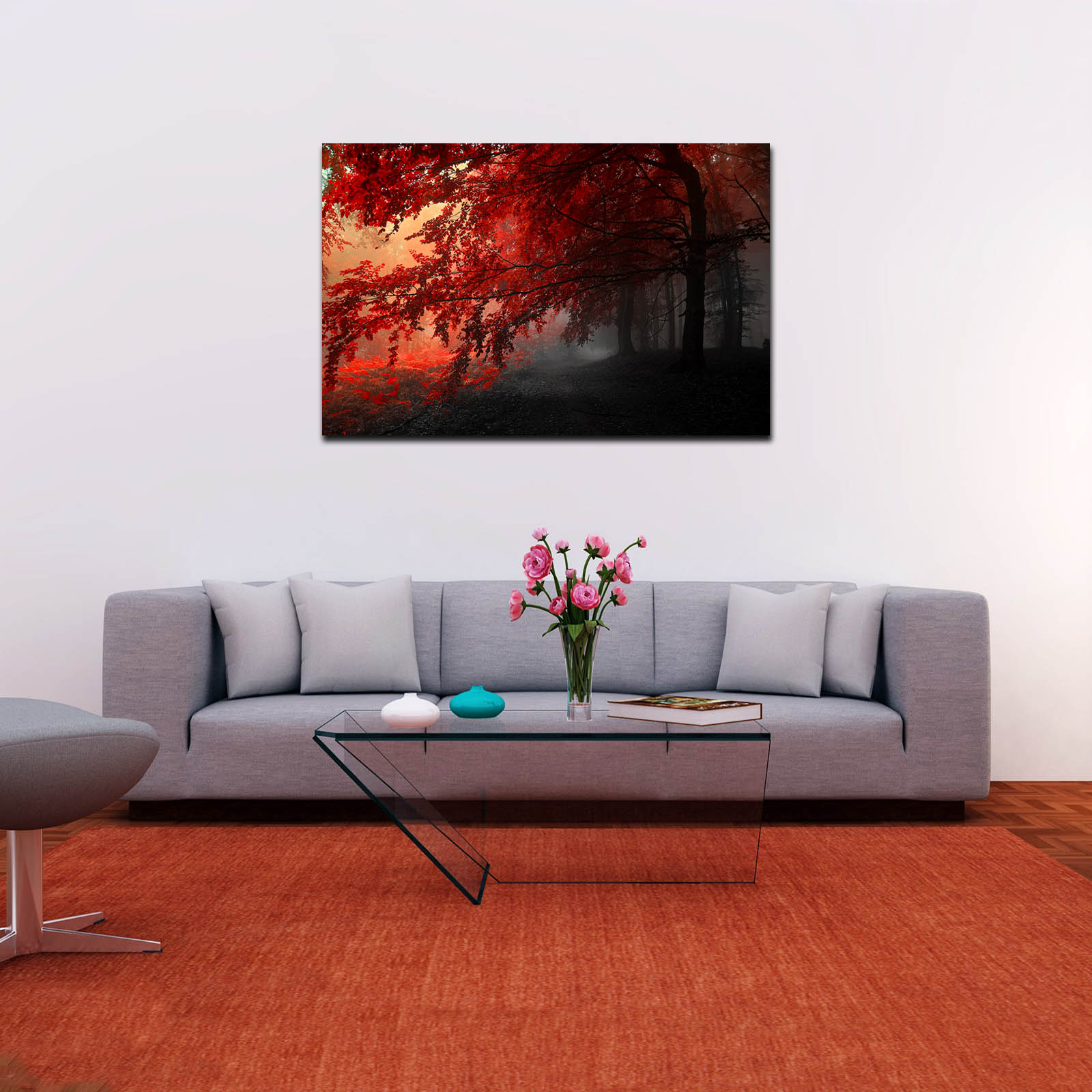 Cuadro Decorativo Canvas Paisaje de Bosque con Arboles Rojos - Imagen 3