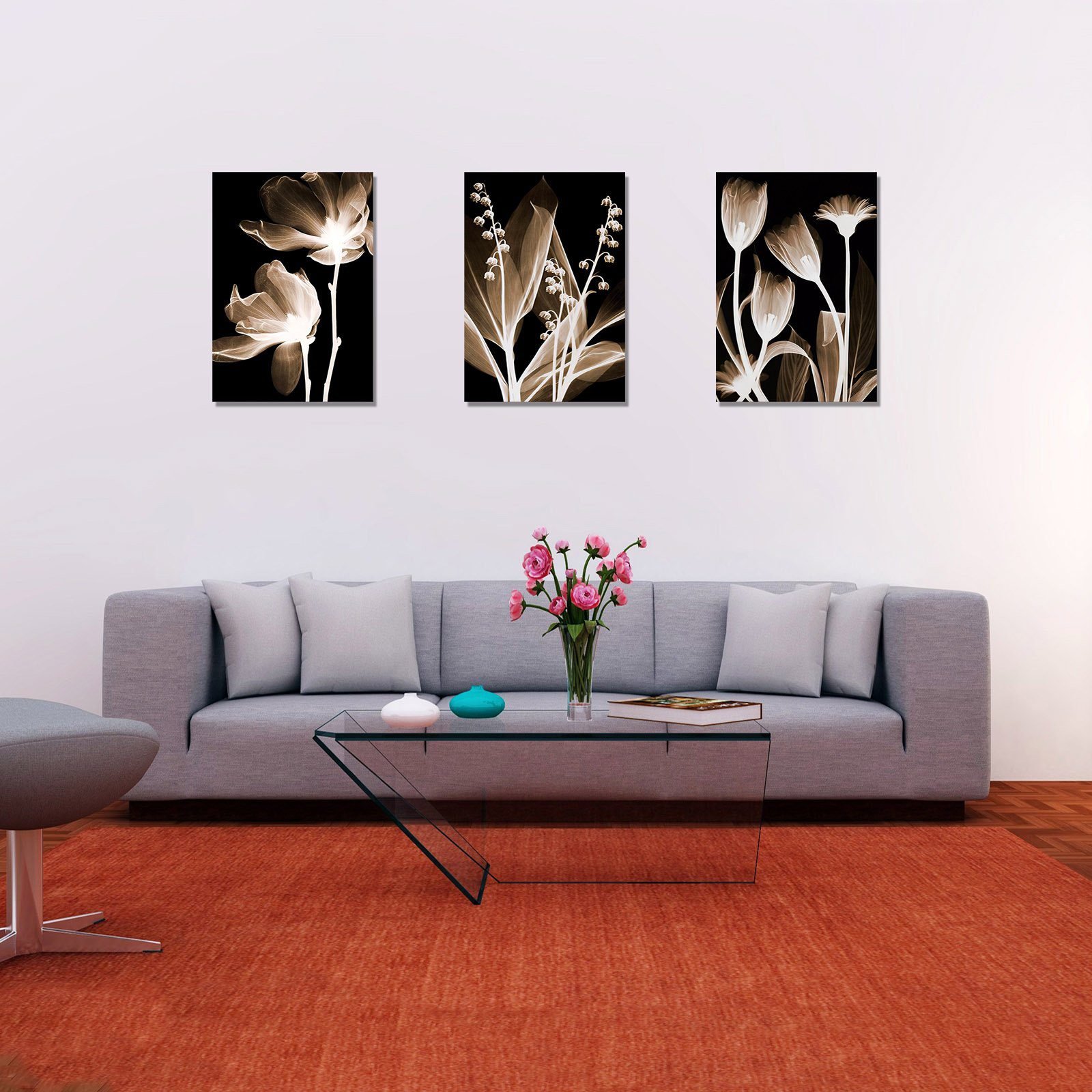 Cuadros Decorativos Set de 3 pzs Flores doradas moderno #2 - Imagen 5