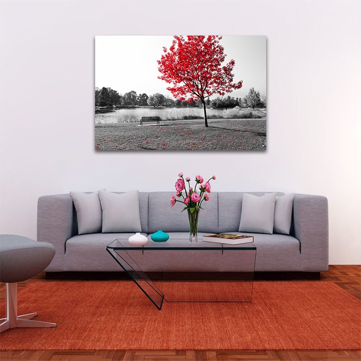 Cuadro Decorativo Árbol Blanco Y Negro Con Vivos Rojos #8 - Imagen 2