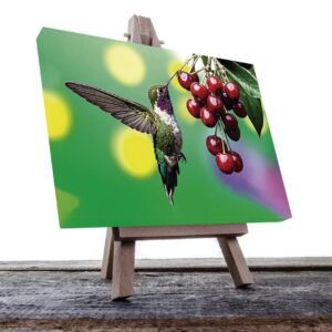 Cuadro decorativo Colibrí azul con morado y cerezas #34