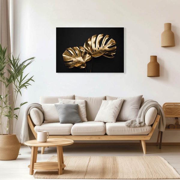 Cuadro Decorativo de Hojas Doradas y Fondo Negro #138 - Imagen 3