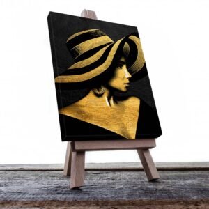 Cuadro Decorativo Mujer con Sombrero en Dorado Moderno #214