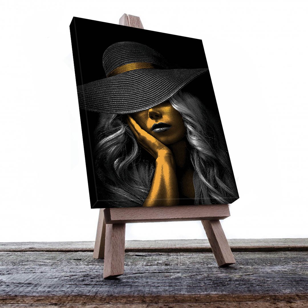 Cuadro Decorativo Mujer con Sombrero en Dorado Moderno #216