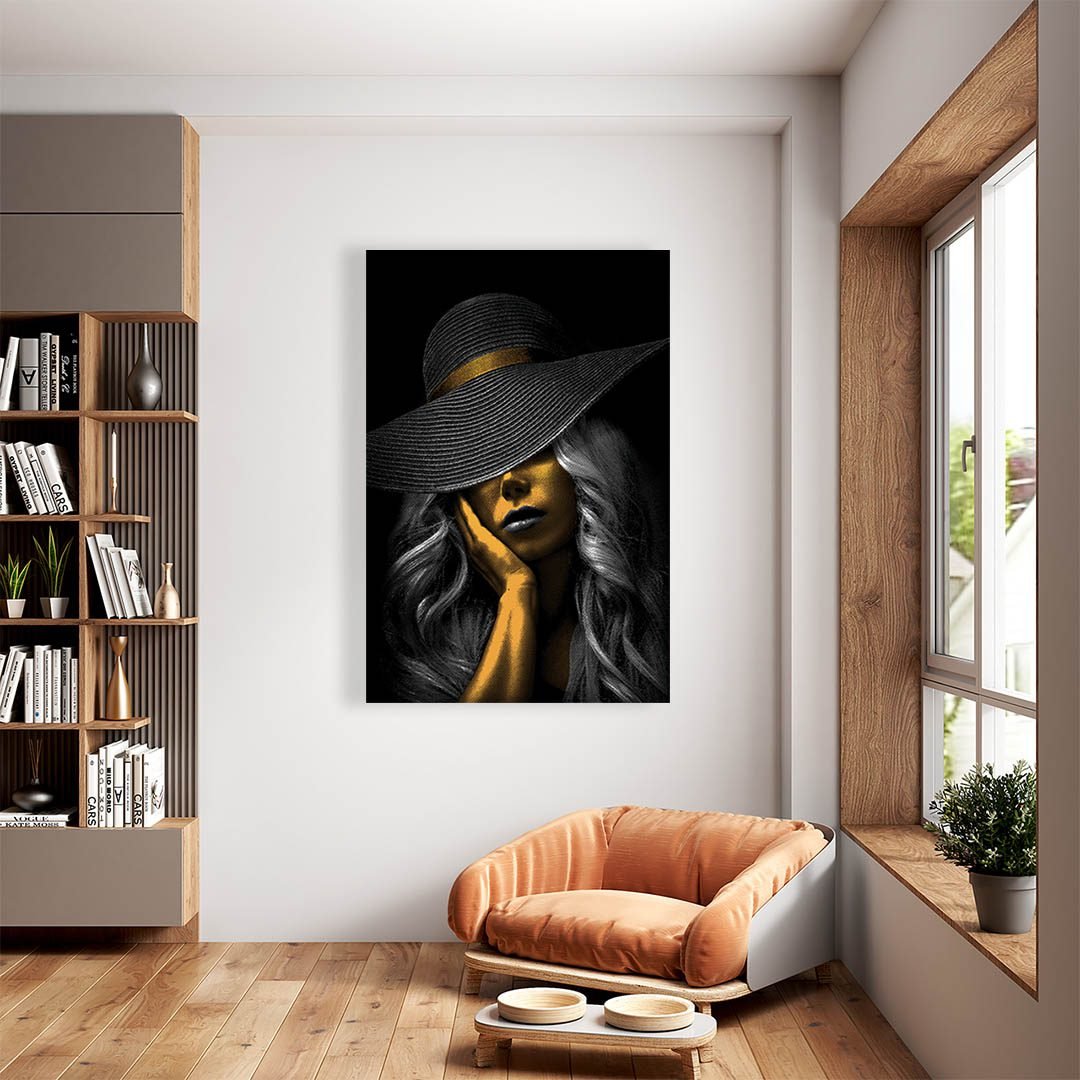 Cuadro Decorativo Mujer con Sombrero en Dorado Moderno #216 - Imagen 2