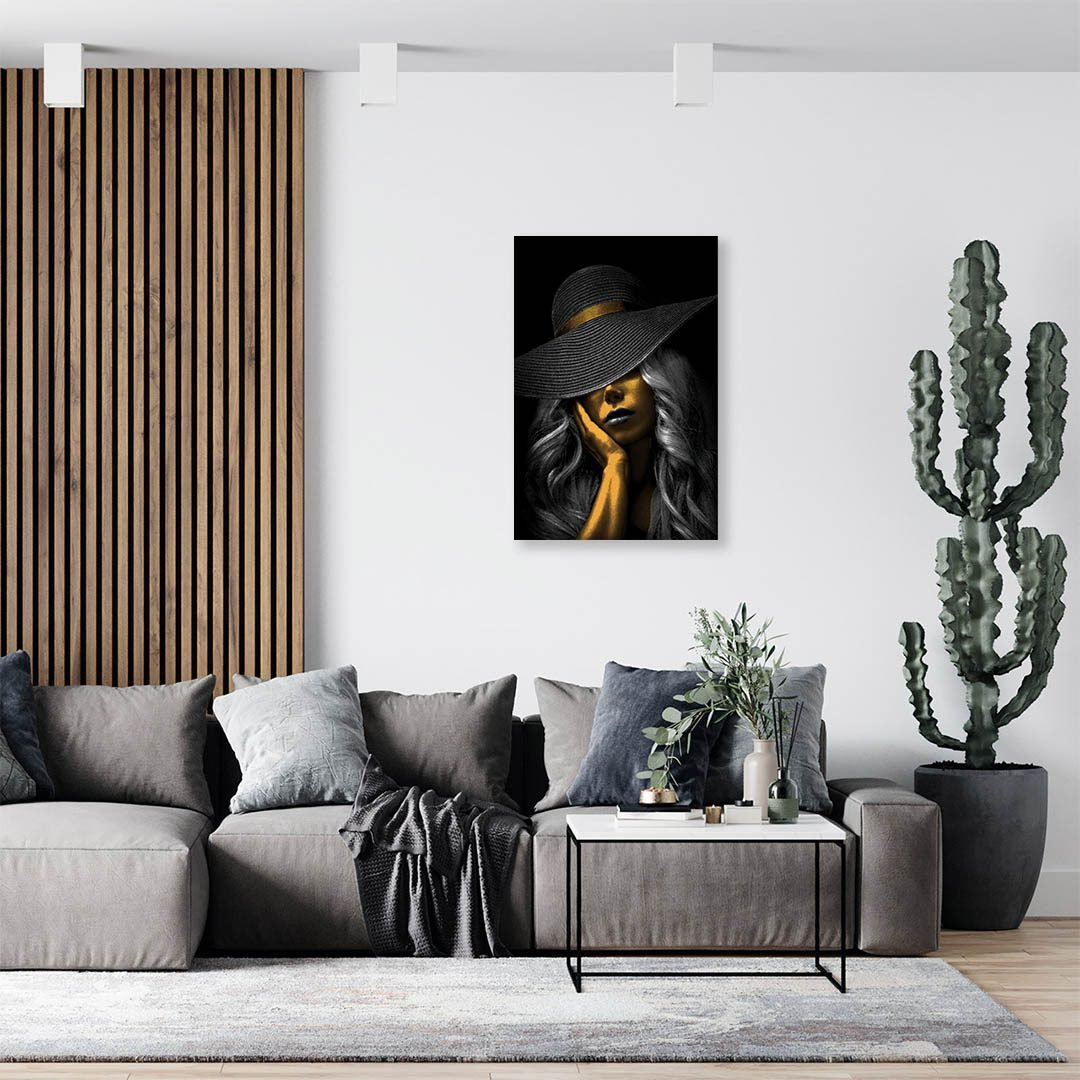 Cuadro Decorativo Mujer con Sombrero en Dorado Moderno #216 - Imagen 3