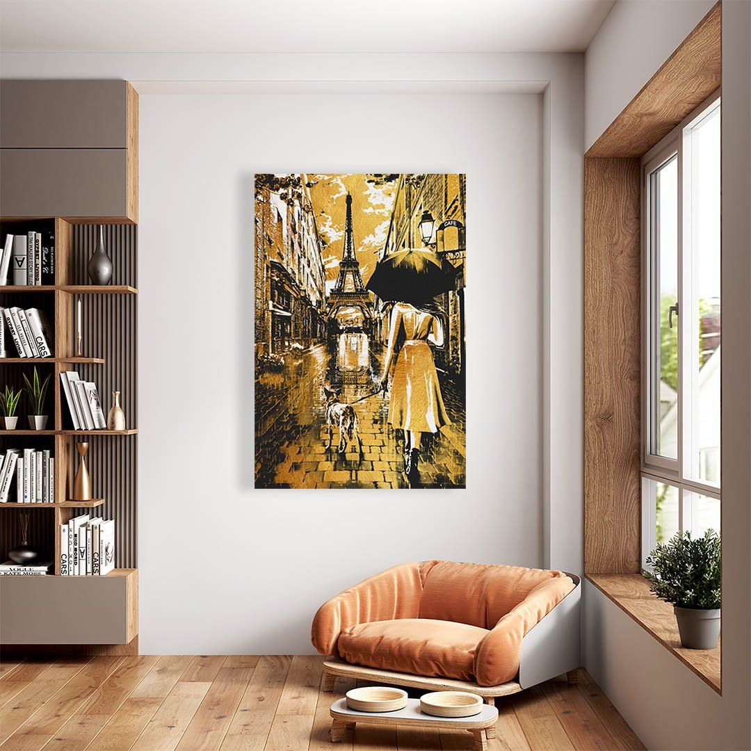 Cuadro Decorativo Mujer frente a la Torre Eiffel en Dorado - Imagen 2