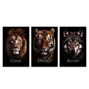 Set de 3 Cuadros Decorativos León Tigre y Lobo - Coraje, Enfoque y Acción