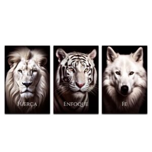 Set de 3 Cuadros Decorativos León, Tigre y Lobo – Fuerza, Enfoque, Fe