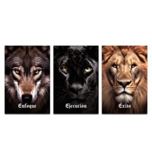 Set de 3 Cuadros Decorativos León, Pantera y Lobo – Enfoque, Ejecución, Éxito