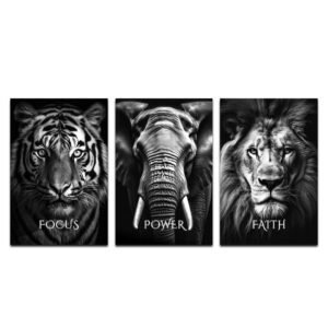 Set de 3 Cuadros Decorativos León, Elefante, Tigre – Focus, Power, Faith