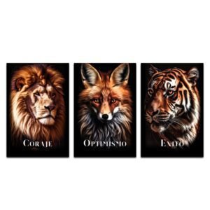 Set de 3 Cuadros Decorativos León , Zorro, Tigre - Coraje, Optimismo, Acción