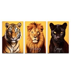Set de 3 Cuadros Decorativos Tigre, León y Pantera - Resiliencia, Madurez, Coraje