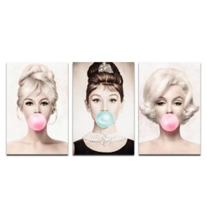 Set de 3 Cuadros Decorativos Marilyn, Audrey y Brigitte con Chicle.