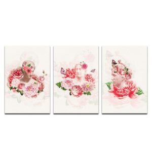 Set de 3 Cuadros Decorativos de Cabezas Griegas y Flores Rojas con Mariposas