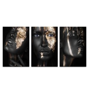 Set de 3 Cuadros Decorativos Rostros de Mujer en Dorado y Negro