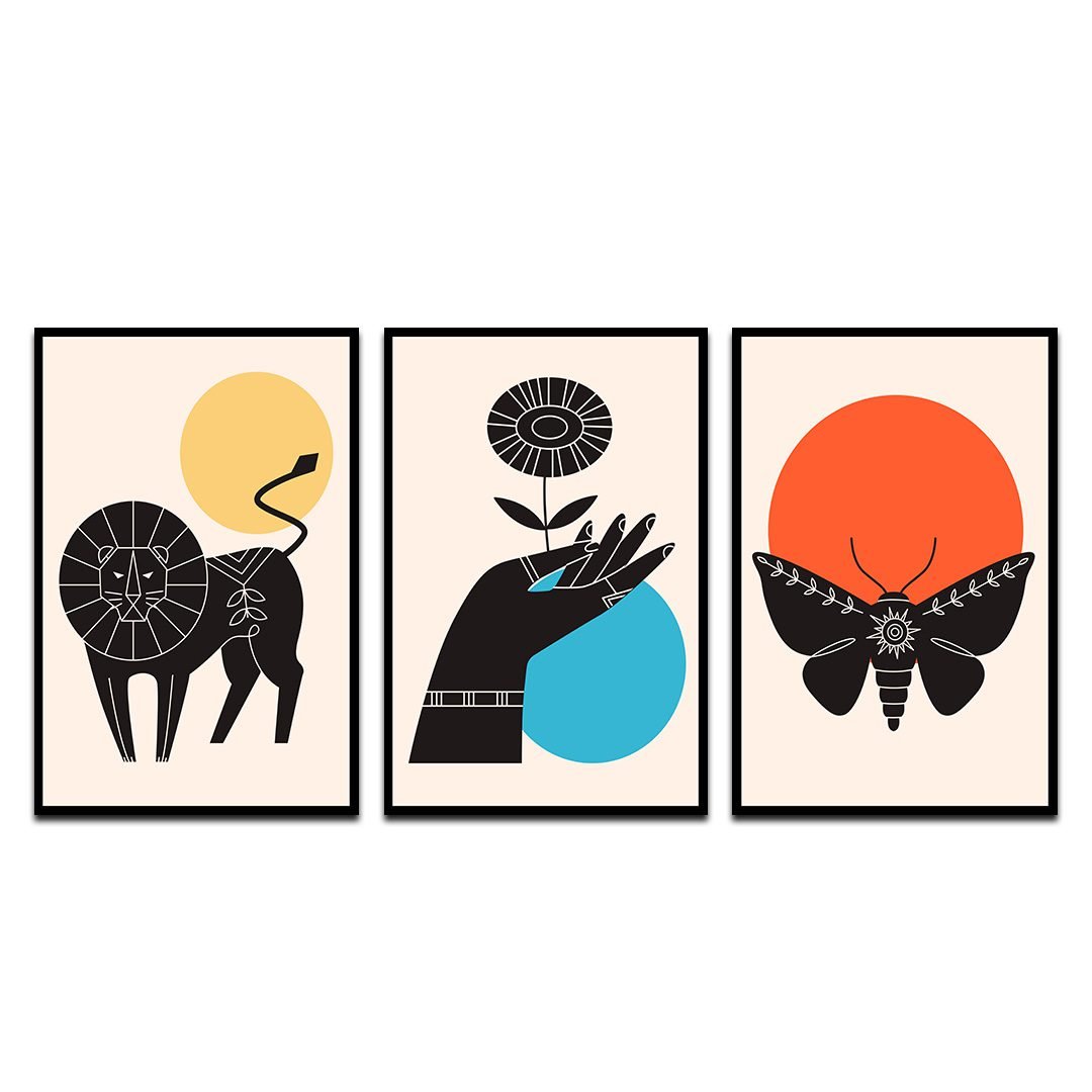 Set de 3 Cuadros Decorativos Arte Minimalista Moderno de León, Mariposa y Flor
