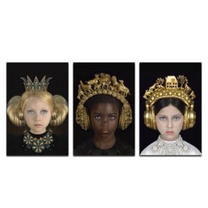 Set de 3 Cuadros Decorativos Princesas Estilo Pop Coronas Doradas