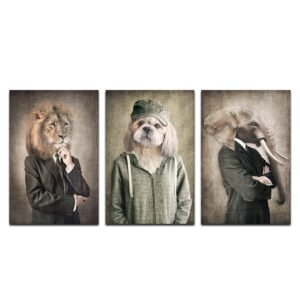 Set de 3 Cuadros Decorativos Cabeza de León, Perro y Elefante con cuerpo de persona