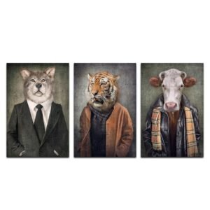 Set de 3 Cuadros Decorativos Cabeza de Lobo, Tigre y Vaca con cuerpo de persona